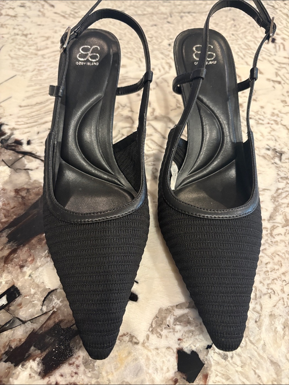 Cosy Island Black Pointed Slingback Heels with Textured Upper